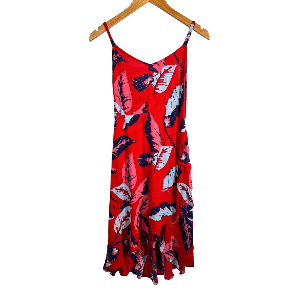 Express Womens Red Tropical Leaf Print High Low Smocked Maxi‎ Sundress Size S